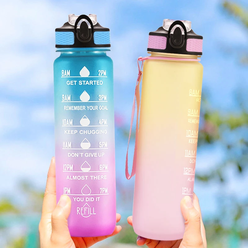 Plastic Cup Sports Water Cup Large-Capacity Straw Cup Portable Gradient Color Space Cup Outdoor Fitness Bottle 1000ml
