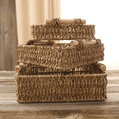 Boîte de rangement de panier de rangement de bureau tissé à la main en paille tissée à l'herbe avec poignée en bois