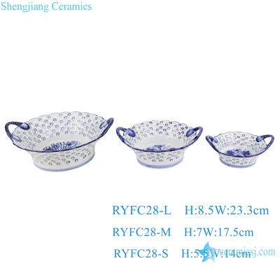 Ryfc28-LMS Assiette de trois pièces pour panier de fruits creux bleu et blanc